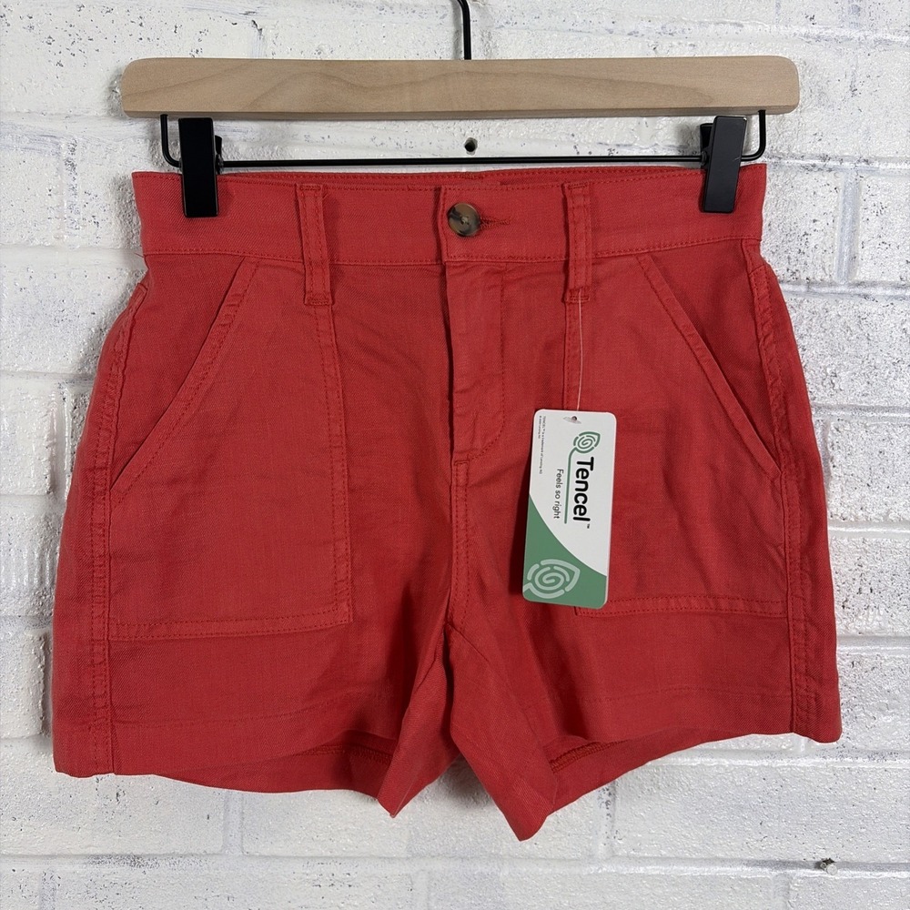 Evereve Brandi Linen Tencel Shorts Womens 24 Red High Rise Utility Pockets